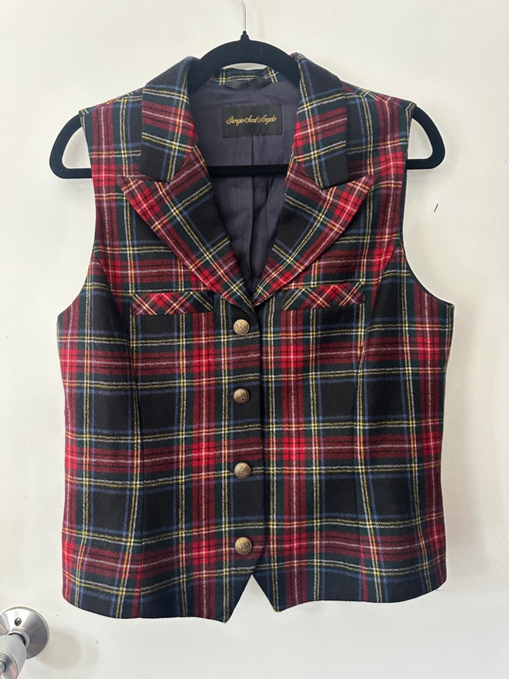 Giorgio Sant'Angelo Red and Black Plaid Tailored Vest with Gold Buttons